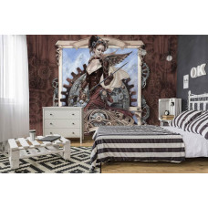 Eine Fototapete mit Steam Jenny in Sepia, geeignet für ein ruhiges Schlafzimmer.