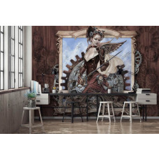 Eine Fototapete mit Steam Jenny im Vintage-Sepia-Stil, perfekt für ein Wohnzimmer.