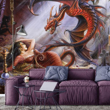 Eine Fototapete mit Upir und einem Drachen in einer Fantasiewelt, ideal für das Wohnzimmer.