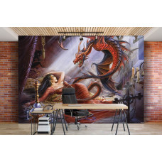 Eine Fototapete mit der Fantasiewelt von Upir und einer Frau mit einem Drachen, geeignet für ein Büro.