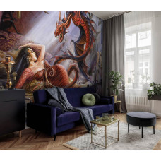 Eine Fototapete mit einer surrealen Darstellung von Upir und einem Drachen, geeignet für das Wohnzimmer.