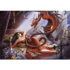 Drache und Frau, Fantasy-Alchemie-Fototapete mit geheimnisvollen, mythischen Elementen.