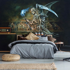 Eine Fototapete mit einem dunklen Totenkopf, geeignet für das Schlafzimmer.