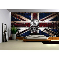 Eine Fototapete mit Alchemie-Thema und die englische Flagge mit einem Totenkopf für das Schlafzimmer.