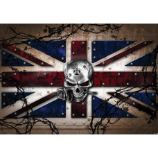 Alchemie-Fototapete mit einem Totenkopf, englische Flagge und Eisenwaren.