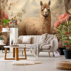 Eine Fototapete eines Alpakas inmitten von Blumen im natürlichen Stil mit einem Lama im Wohnzimmer.