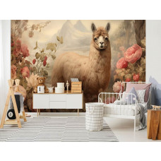 Eine Fototapete eines Alpakas inmitten von Blumen im natürlichen Stil mit einem Lama im Kinderzimmer.