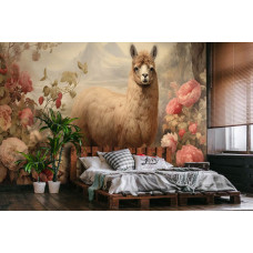 Eine Fototapete eines Alpakas inmitten von Blumen im natürlichen Stil mit einem Lama im Schlafzimmer.