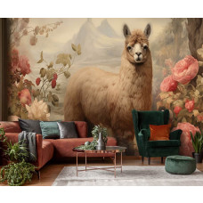 Eine Fototapete eines Alpakas inmitten von Blumen im natürlichen Stil mit einem Lama im Wohnzimmer.