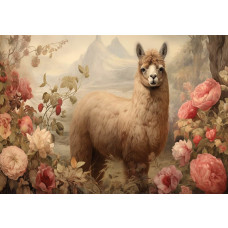 Fototapete eines liebenswerten Alpakas inmitten von bunten Blumen, mit einem natürlichen und fröhlichen Look.