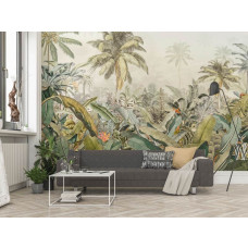 Eine Fototapete mit einer schönen Darstellung des Amazonas-Dschungels, voller Pflanzen und Blumen, in einem abenteuerlichen Stil. Dieses Design bringt eine tropische Atmosphäre ins Wohnzimmer.