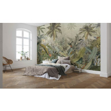 Eine Fototapete mit einer schönen Darstellung des Amazonas-Dschungels, voller Pflanzen und Blumen, in einem abenteuerlichen Stil.