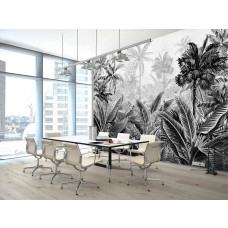 Eine Fototapete mit Amazonas-Dschungel-Elementen und grüner Natur für das Wohnzimmer.