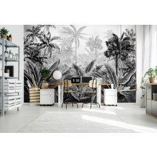 Eine exotische Dschungel-Fototapete mit tropischen Pflanzen in einem lebendigen Design für ein Dschungelzimmer.