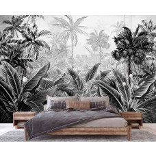 Eine Amazonas-Dschungel-Fototapete mit tropischen Pflanzen, geeignet für ein Schlafzimmer.