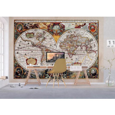 Eine Vintage-Fototapete einer antiken Weltkarte mit alten Details, ideal für ein Büro mit klassischem Flair.
