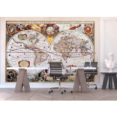 Eine Vintage-Fototapete einer antiken Weltkarte in sanften Farben, perfekt für ein Büro mit elegantem Flair.