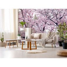 Eine Fototapete mit Apfelblüten und Blumen, zu sehen im Wohnzimmer.