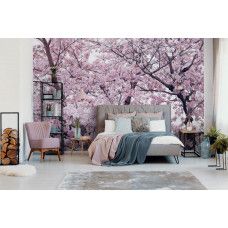 Eine Fototapete mit Apfelblüten und Blumen.