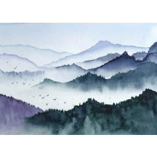 Eine Fototapete mit Aquarell-Bergen im Nebel.