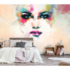 Eine Fototapete mit einem abstrakten Gesicht in Farbe, geeignet für das Schlafzimmer.