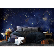 Ein Fototapete mit einer stimmungsvollen Aquarell-Sternenhimmel im Schlafzimmer, mit sanften nachtblauen Tönen und funkelnden Sternen für eine beruhigende Ausstrahlung.