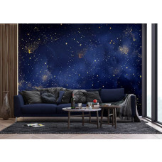 Ein Fototapete mit einem verträumten Aquarell-Sternenhimmel im Wohnzimmer, bei dem die fließenden Pinselstriche und subtilen Sterne eine magische Atmosphäre schaffen.