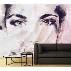 Fotobehang met abstract aquarel van een vrouwelijk gezicht in paarse tinten