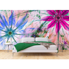 Fototapete eines künstlerischen Blumengemäldes in einem Schlafzimmer.