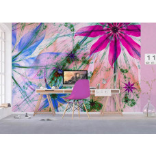 Ein Büro mit einer stilvollen Fototapete eines künstlerischen Blumengemäldes.