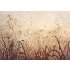 Fotobehang artistiek graslandschap met sierlijke grashalmen in aardetinten tegen een lichte achtergrond.