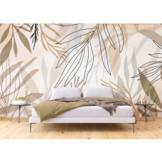 Beruhigende Fototapete in Pastellfarben mit künstlerischen Blättern im Schlafzimmer, schafft eine ruhige und künstlerische Atmosphäre.