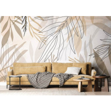 Fototapete mit künstlerischen Blättern im Wohnzimmer, bringt eine stilvolle und natürliche Atmosphäre.