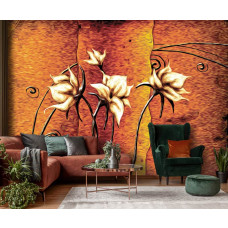 Eine Fototapete mit künstlerischen Blumen im abstrakten Kunststil für das Wohnzimmer.