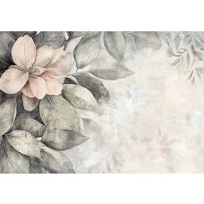 Fotobehang met een artistiek bloemmotief van grote bloemblaadjes in zachte kleuren en verfijnde lijnen.