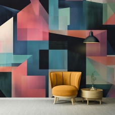 Fotobehang met kunstzinnige geometrische patronen in een strak en creatief kantoorinterieur.