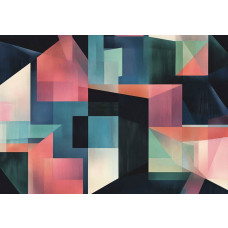 Fotobehang met artistieke geometrische vormen in zachte aardetinten en subtiele lijnen.