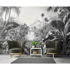 Fotobehang van een kleurrijke artistieke jungle aan de muur van een sfeervolle woonkamer.