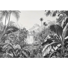 Fotobehang met een artistieke weergave van een weelderige jungle vol tropische planten en bladeren.