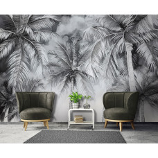 Fotobehang met imposante zwart-witte palmen in een moderne woonkamer.