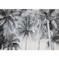 Fotobehang met artistieke palmbomen in zwart-witte illustratiestijl.