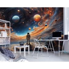 Eine Fototapete mit einem Astronauten im Weltraum, ideal für ein Spielzimmer.