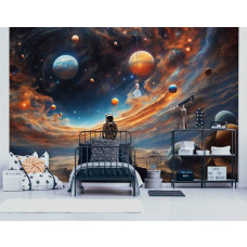 Eine Fototapete mit einem Astronauten im Weltraum, geeignet für ein Jungenzimmer oder Kinderzimmer.