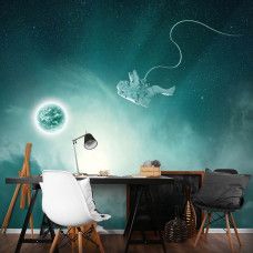 Eine Fototapete mit einem Astronauten in einem futuristischen Weltraumdesign, ideal für ein Spielzimmer.