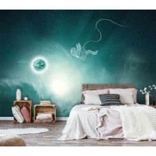 Eine Fototapete mit einem Astronauten in einem kosmischen Universum, speziell für ein Schlafzimmer.