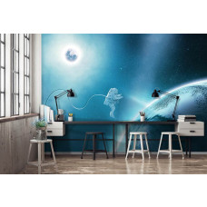 Eine Fototapete mit einem Astronauten und Sternen in einem Weltraumthema, perfekt für ein Spielzimmer.