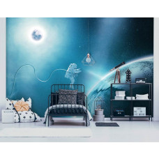 Eine Fototapete mit einer Mondlandschaft mit einem Astronauten, speziell für ein Kinderzimmer.