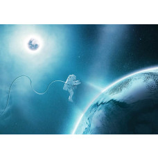 Astronaut auf dem Mond stehend, mit der Erde im Hintergrund auf dieser Fototapete mit einer Mondlandschaft.