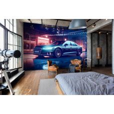 Eine Fototapete mit einem Audi-Auto in Neon-Farben, geeignet für ein Kinderzimmer.