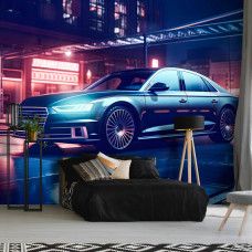 Eine Fototapete mit einem Audi mit futuristischen Neon-Lichtern, ideal für ein Büro.